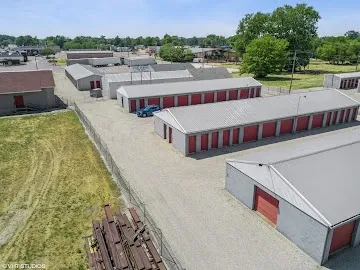 Aerial view of storage units with red doors